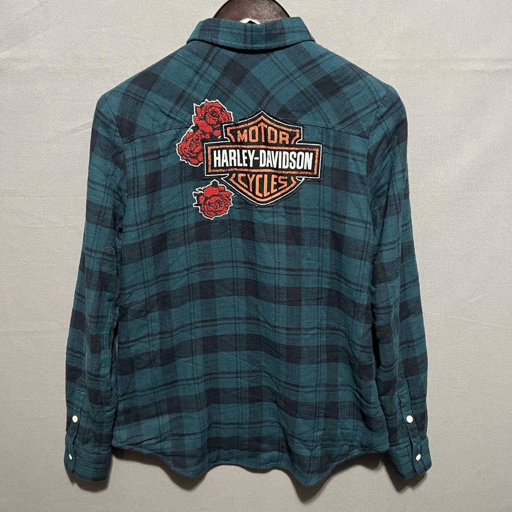 Harley-Davidson Shirt Womens Small Green Plaid Sherpa Lined Flannel Roses